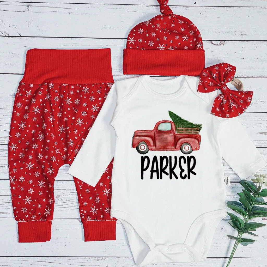 Personalized Christmas Neutral Baby Onesies and Long Pants Set | Custom Baby Onesies Red Truck Baby Name | Infant Christmas Outfit
