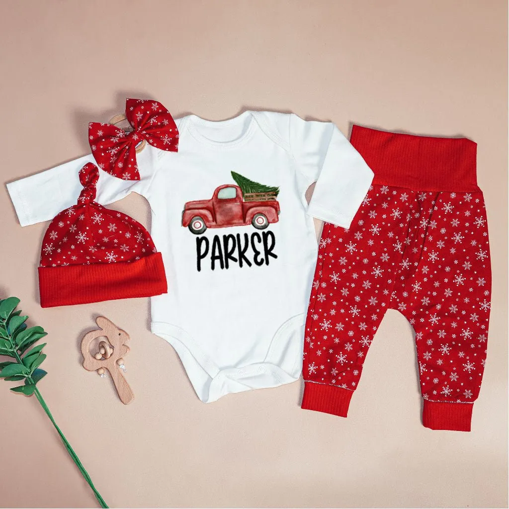 Personalized Christmas Neutral Baby Onesies and Long Pants Set | Custom Baby Onesies Red Truck Baby Name | Infant Christmas Outfit