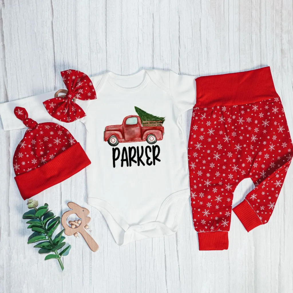 Personalized Christmas Neutral Baby Onesies and Long Pants Set | Custom Baby Onesies Red Truck Baby Name | Infant Christmas Outfit