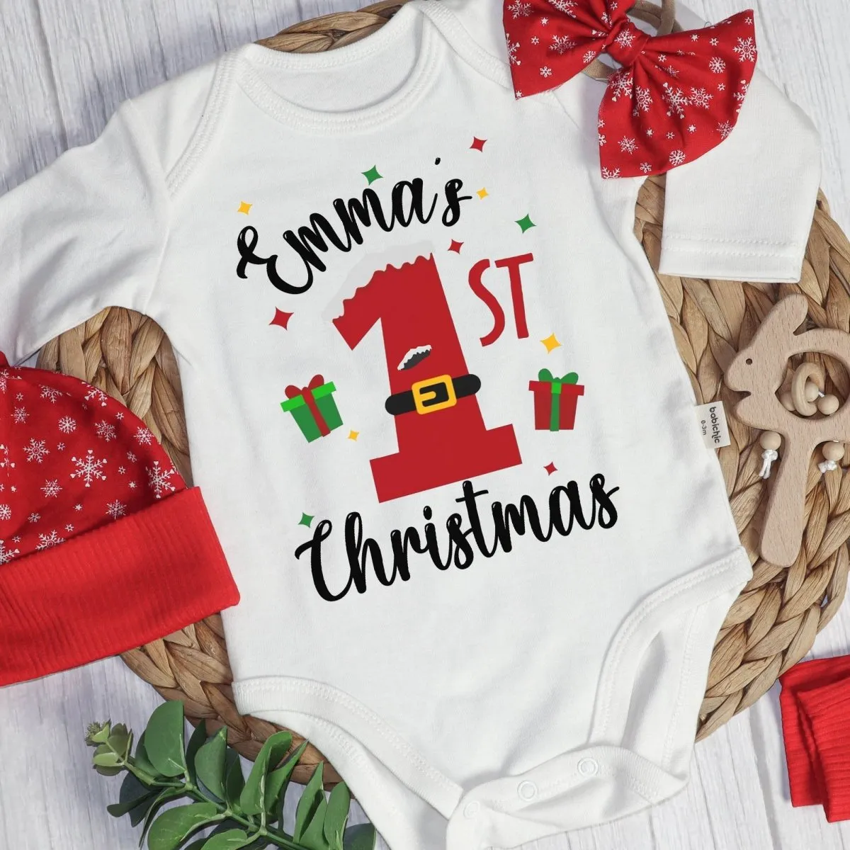 Personalized Christmas Neutral Baby Onesies and Long Pants Set | Custom Infant Onesie My 1st Christmas Baby Name | Newborn Christmas Onesie