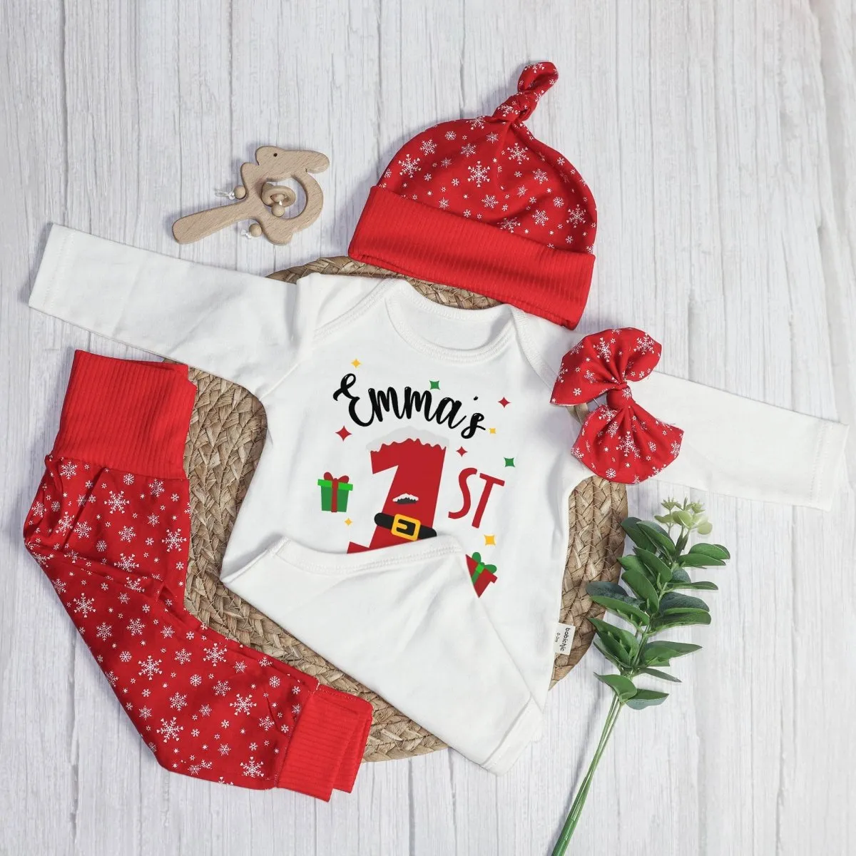 Personalized Christmas Neutral Baby Onesies and Long Pants Set | Custom Infant Onesie My 1st Christmas Baby Name | Newborn Christmas Onesie