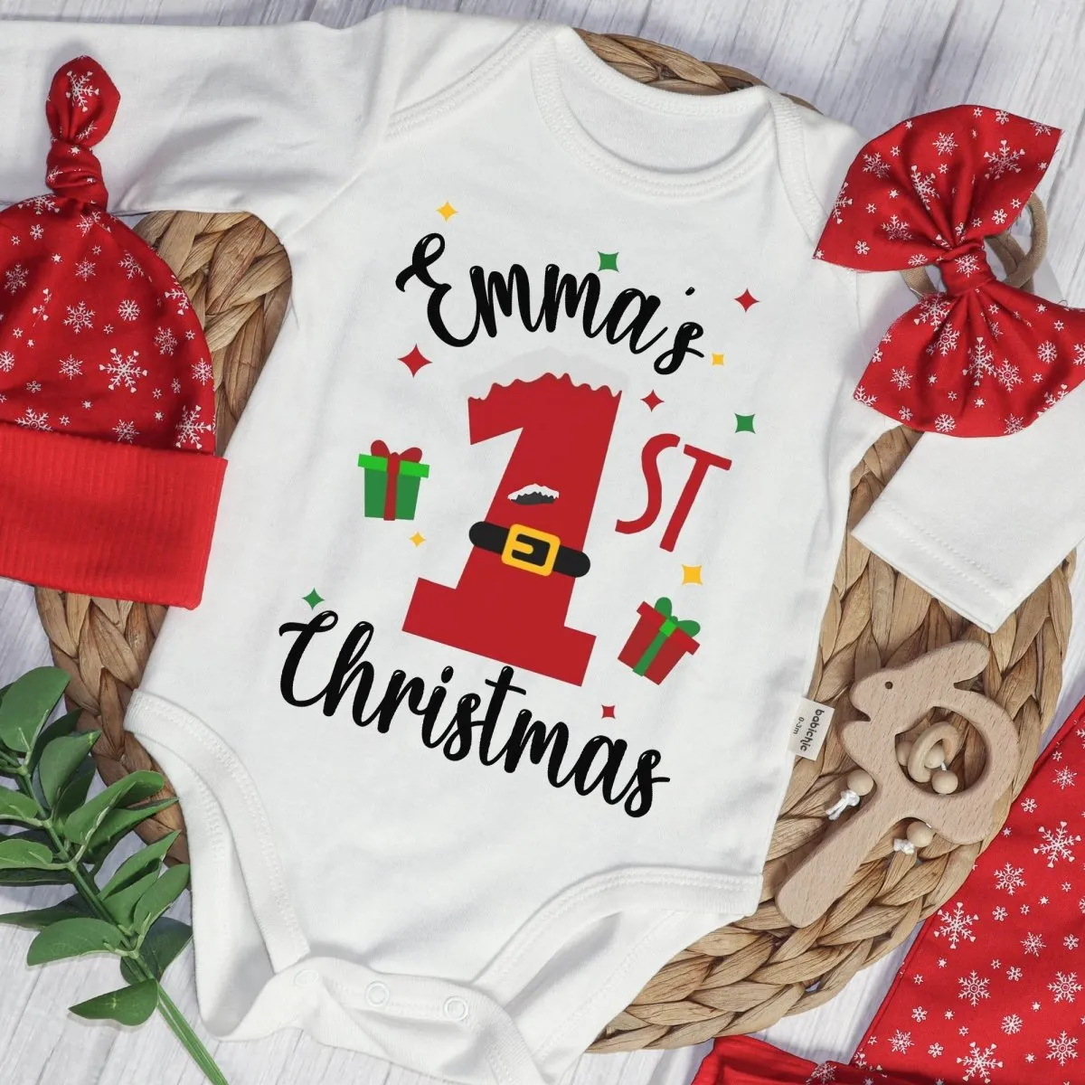 Personalized Christmas Neutral Baby Onesies and Long Pants Set | Custom Infant Onesie My 1st Christmas Baby Name | Newborn Christmas Onesie