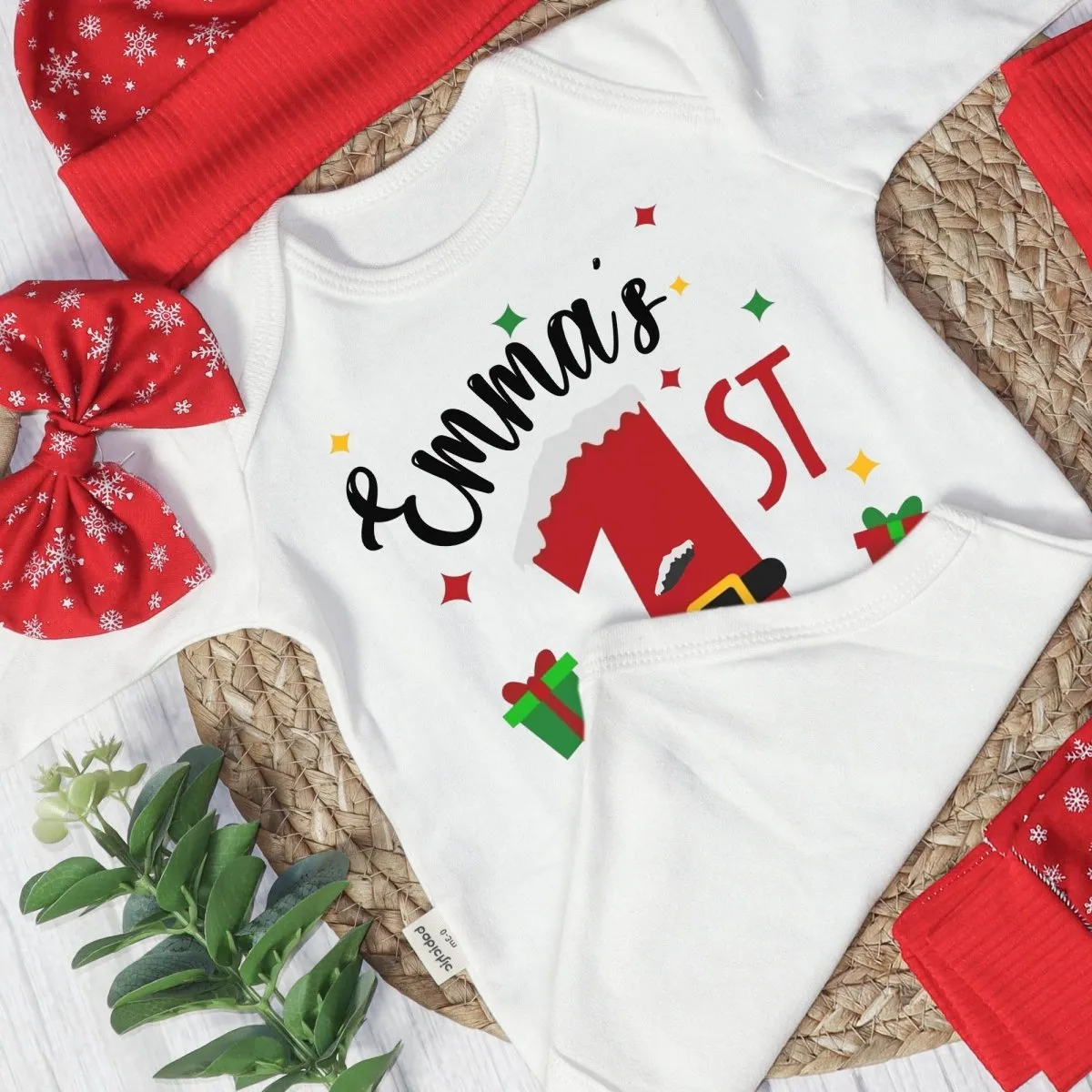 Personalized Christmas Neutral Baby Onesies and Long Pants Set | Custom Infant Onesie My 1st Christmas Baby Name | Newborn Christmas Onesie