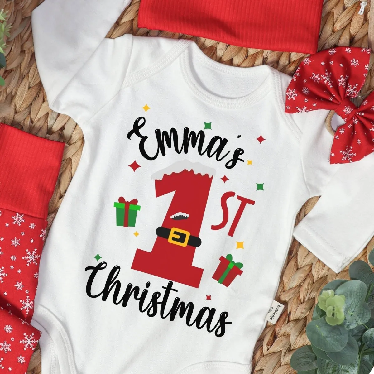 Personalized Christmas Neutral Baby Onesies and Long Pants Set | Custom Infant Onesie My 1st Christmas Baby Name | Newborn Christmas Onesie