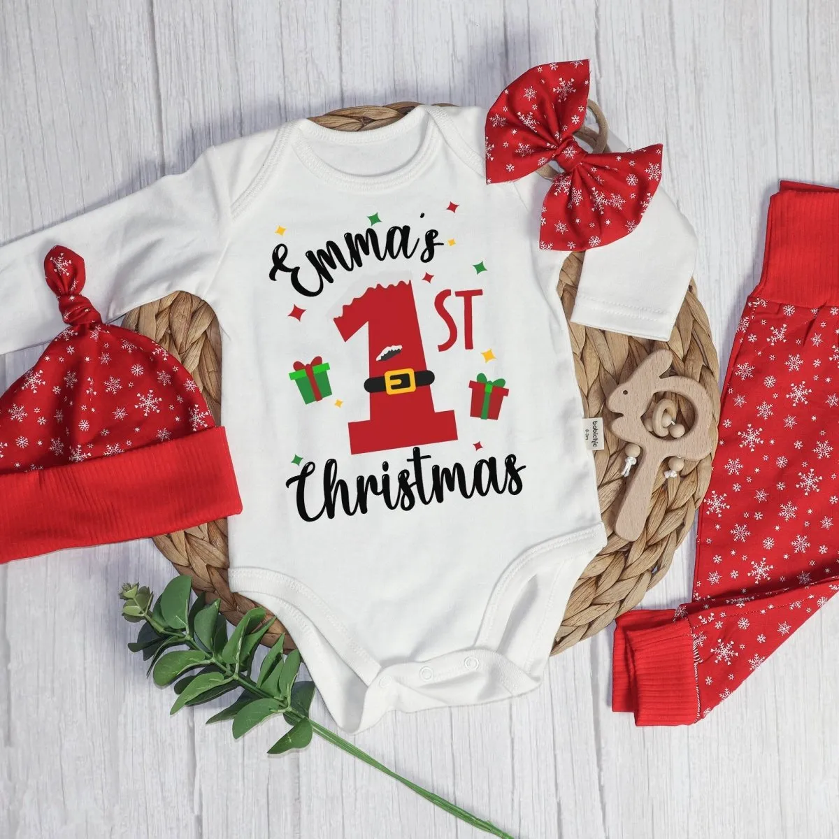Personalized Christmas Neutral Baby Onesies and Long Pants Set | Custom Infant Onesie My 1st Christmas Baby Name | Newborn Christmas Onesie