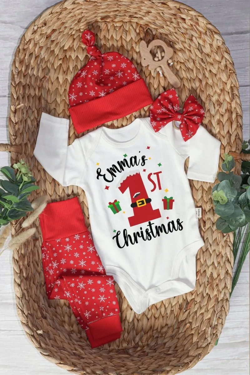 Personalized Christmas Neutral Baby Onesies and Long Pants Set | Custom Infant Onesie My 1st Christmas Baby Name | Newborn Christmas Onesie