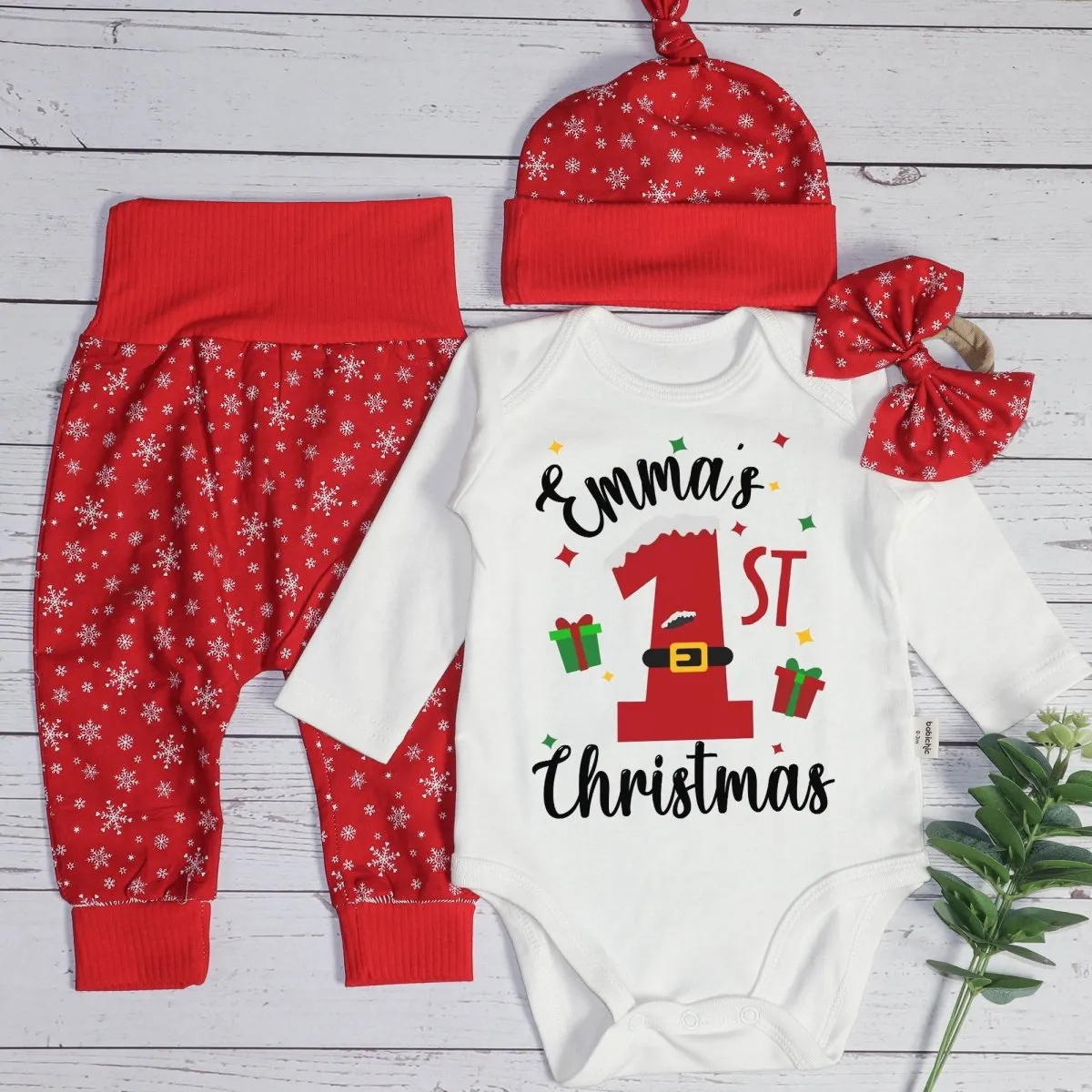 Personalized Christmas Neutral Baby Onesies and Long Pants Set | Custom Infant Onesie My 1st Christmas Baby Name | Newborn Christmas Onesie