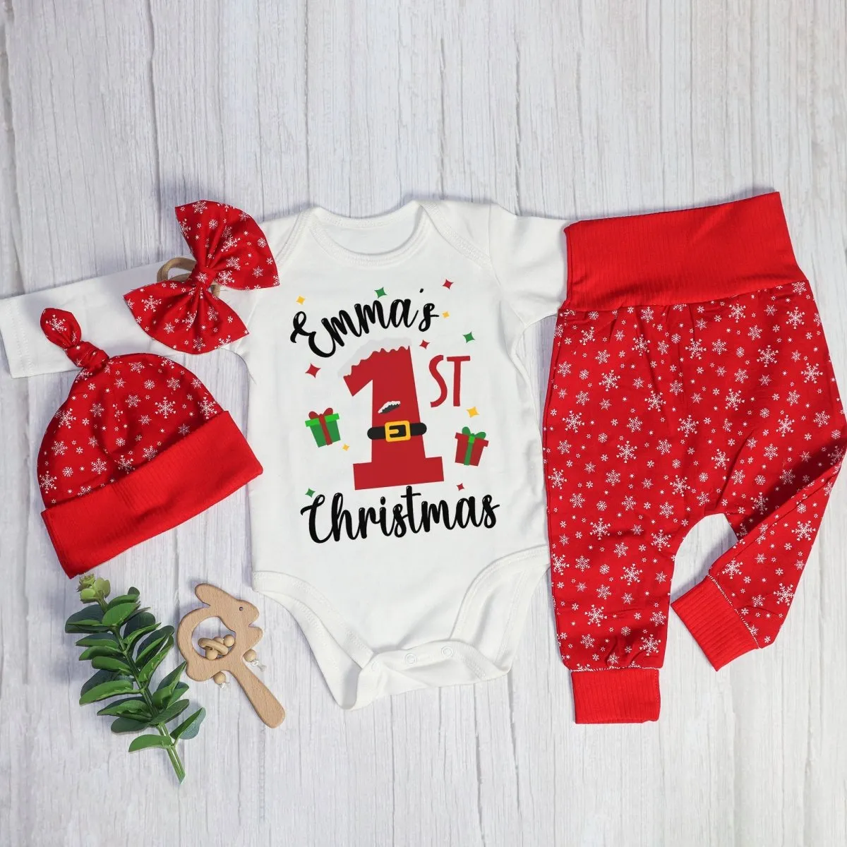 Personalized Christmas Neutral Baby Onesies and Long Pants Set | Custom Infant Onesie My 1st Christmas Baby Name | Newborn Christmas Onesie