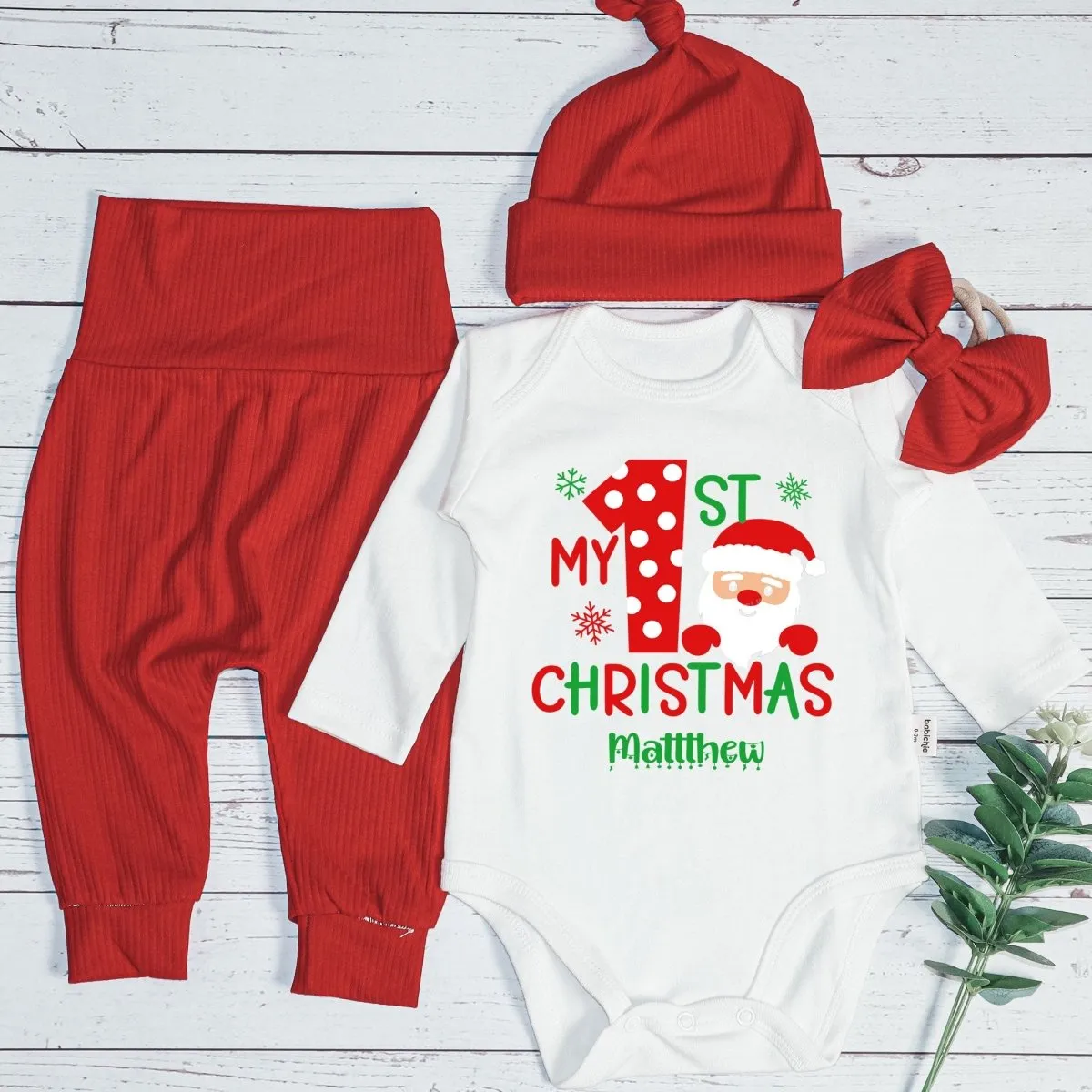 Personalized First Christmas Baby Onesie and Long Pants Set | My 1st Christmas with Santa Bodysuit