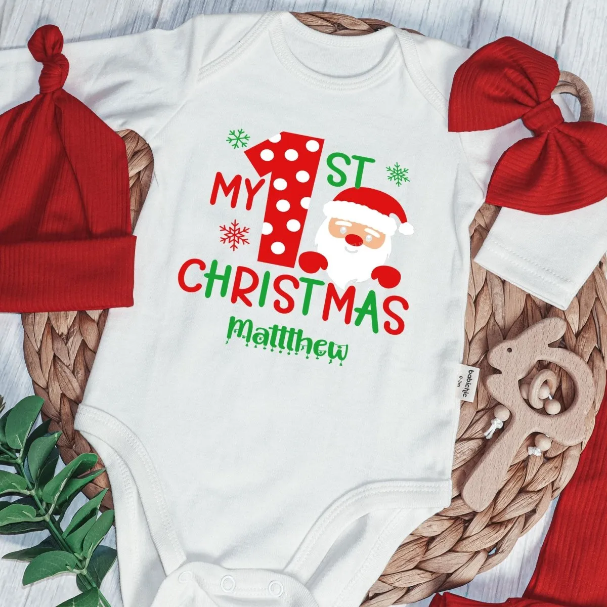 Personalized First Christmas Baby Onesie and Long Pants Set | My 1st Christmas with Santa Bodysuit
