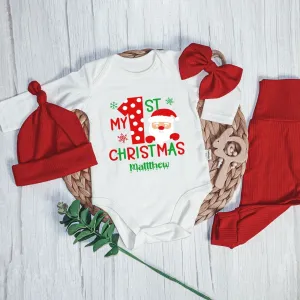 Personalized First Christmas Baby Onesie and Long Pants Set | My 1st Christmas with Santa Bodysuit