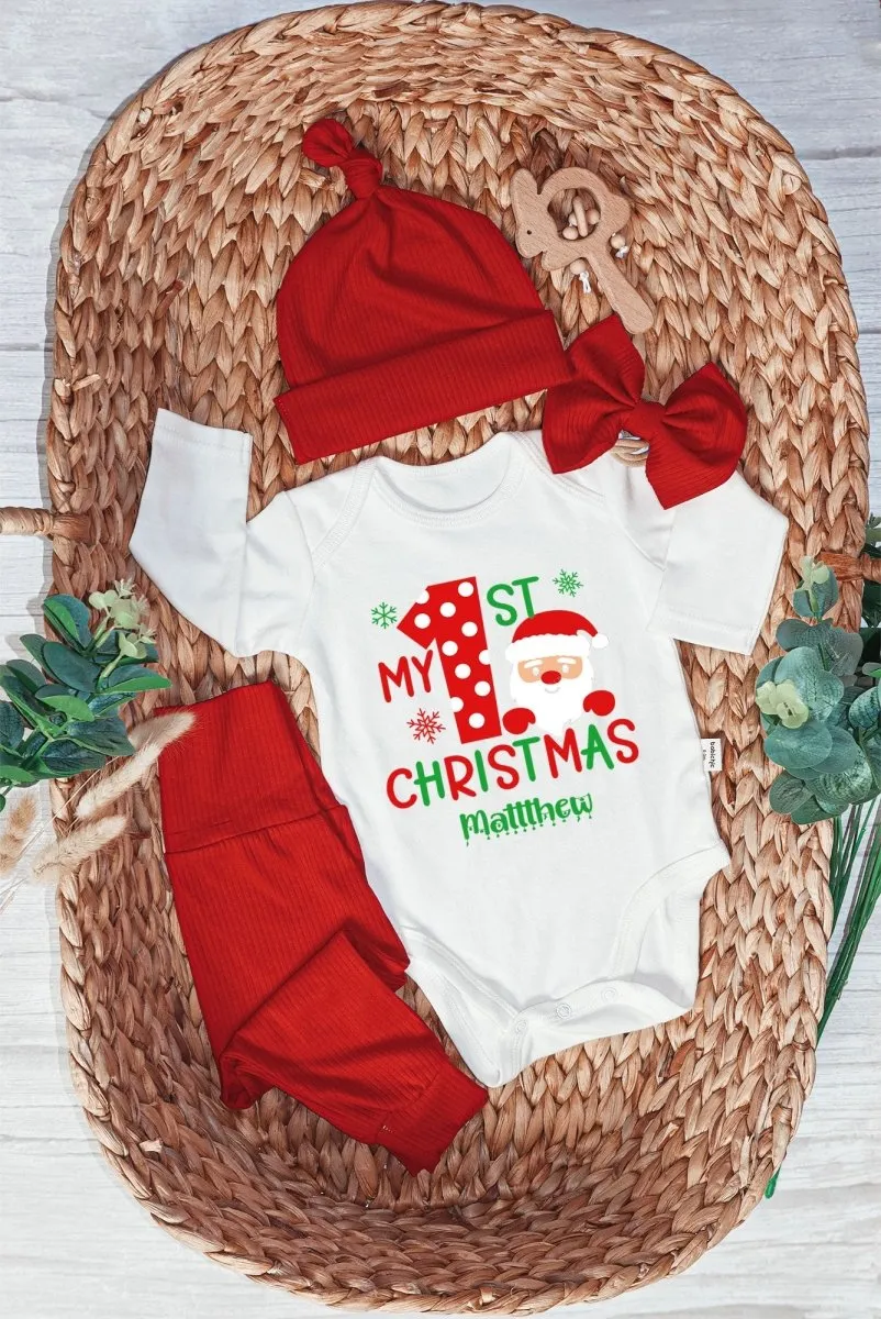 Personalized First Christmas Baby Onesie and Long Pants Set | My 1st Christmas with Santa Bodysuit