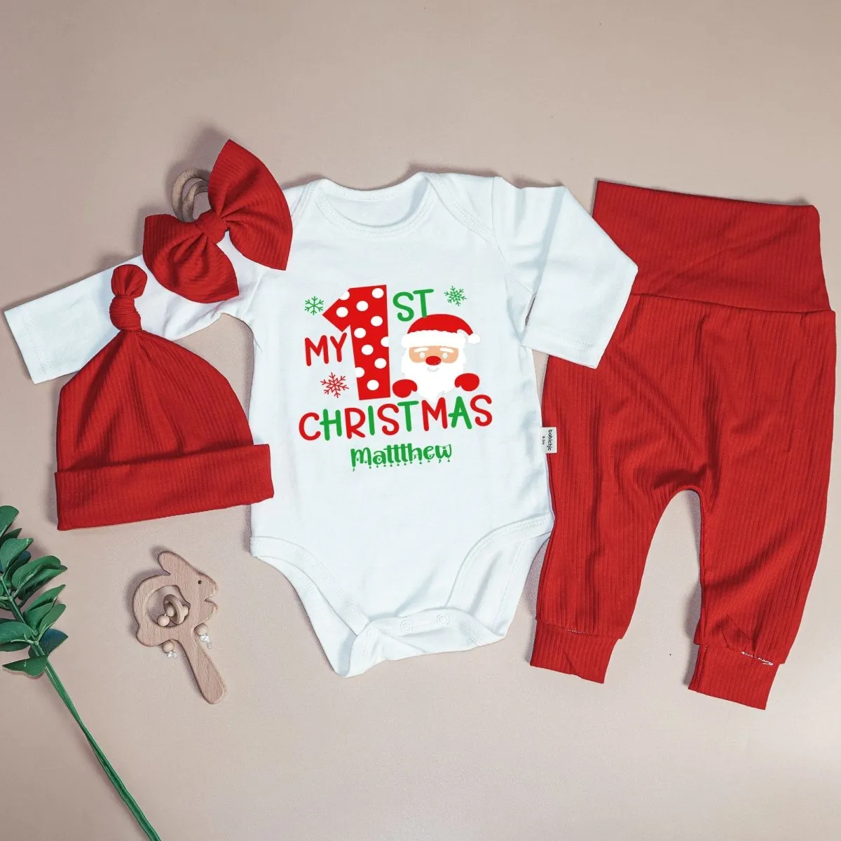 Personalized First Christmas Baby Onesie and Long Pants Set | My 1st Christmas with Santa Bodysuit