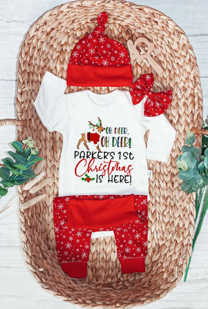Personalized Oh Deer Baby Bell is Here Baby Onesie and Long Pants Set | Custom Cute Deer Newborn Bodysuit