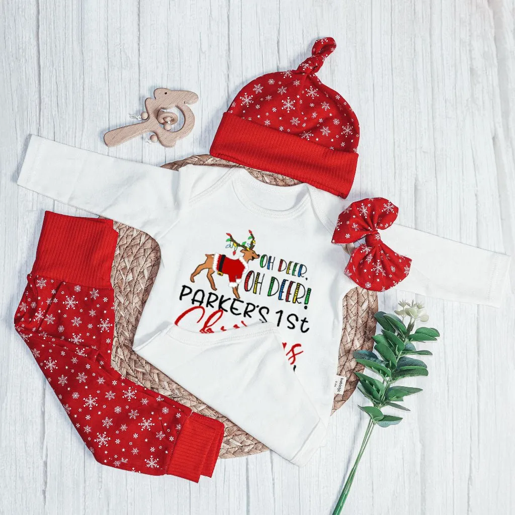 Personalized Oh Deer Baby Bell is Here Baby Onesie and Long Pants Set | Custom Cute Deer Newborn Bodysuit