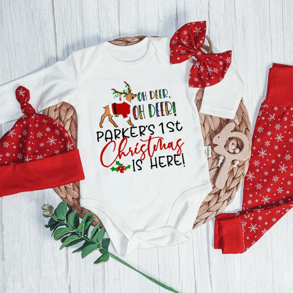 Personalized Oh Deer Baby Bell is Here Baby Onesie and Long Pants Set | Custom Cute Deer Newborn Bodysuit