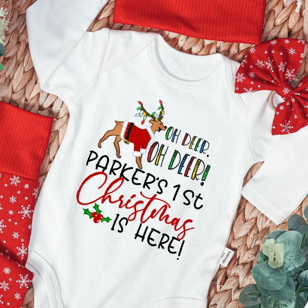 Personalized Oh Deer Baby Bell is Here Baby Onesie and Long Pants Set | Custom Cute Deer Newborn Bodysuit