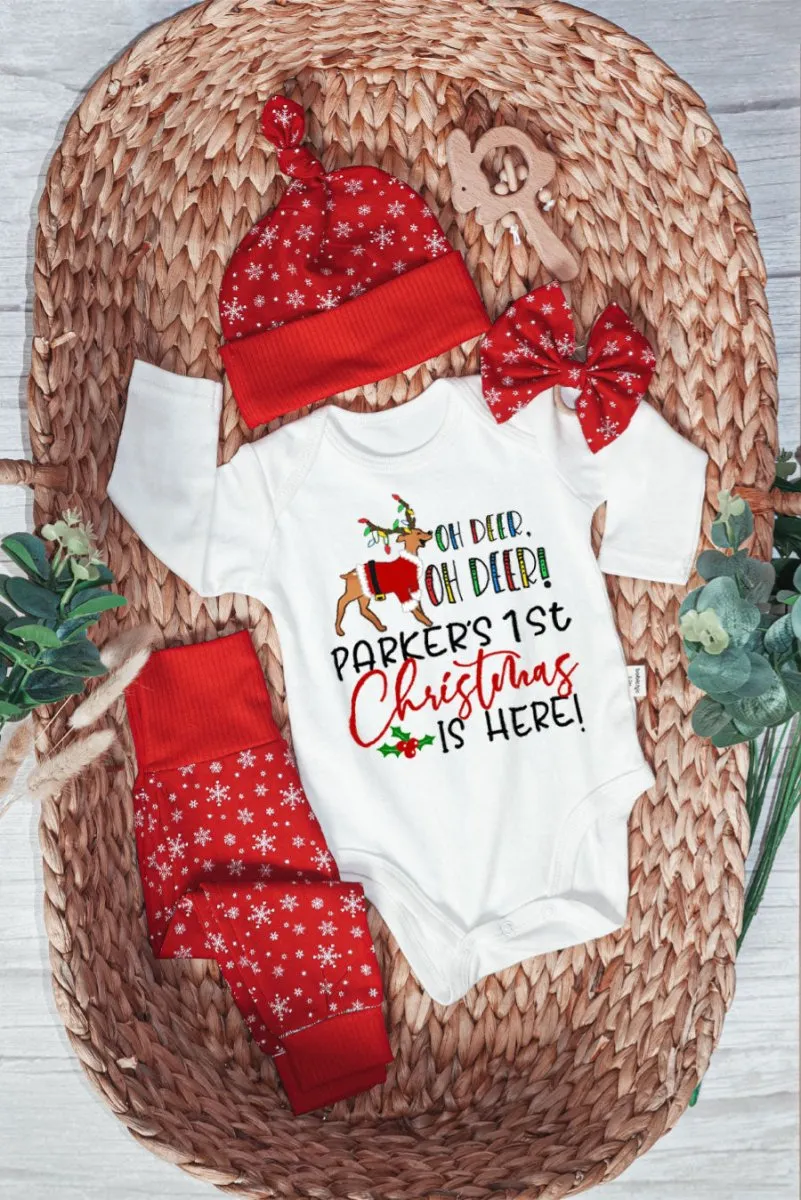 Personalized Oh Deer Baby Bell is Here Baby Onesie and Long Pants Set | Custom Cute Deer Newborn Bodysuit