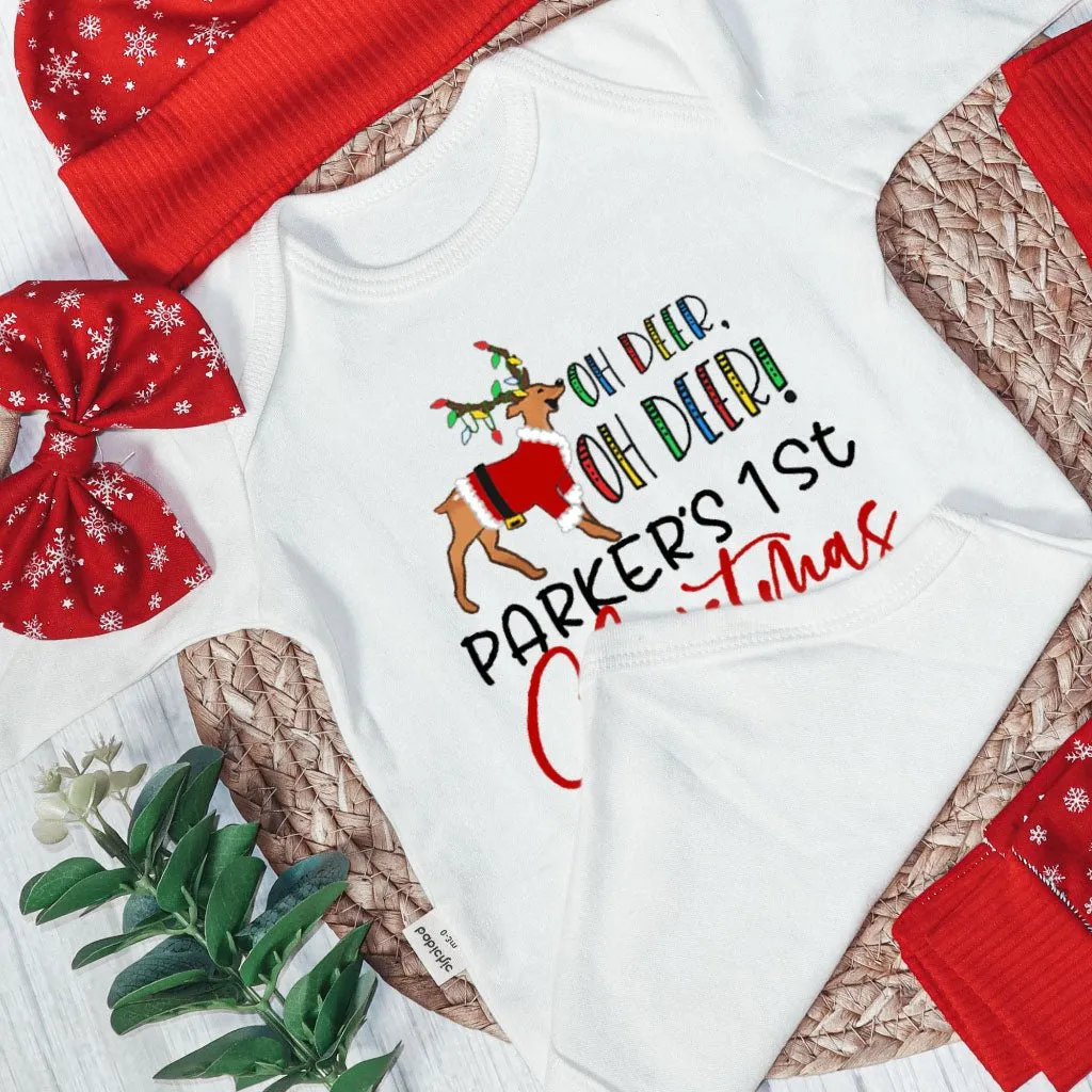 Personalized Oh Deer Baby Bell is Here Baby Onesie and Long Pants Set | Custom Cute Deer Newborn Bodysuit
