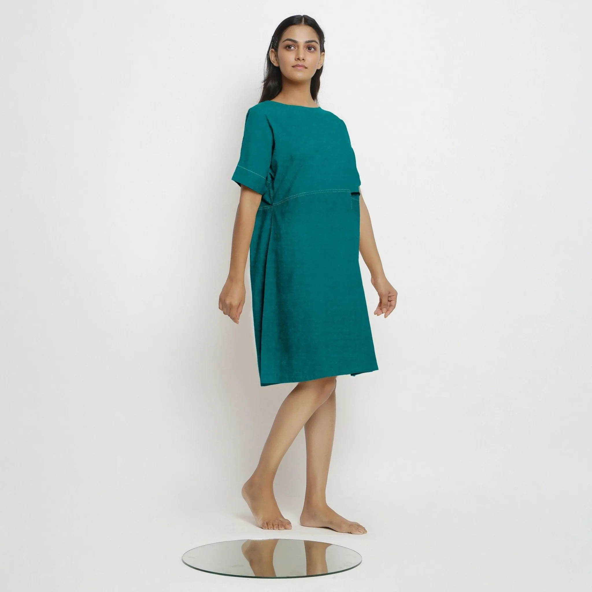 Pine Green 100% Linen Knee Length Yoked Dress
