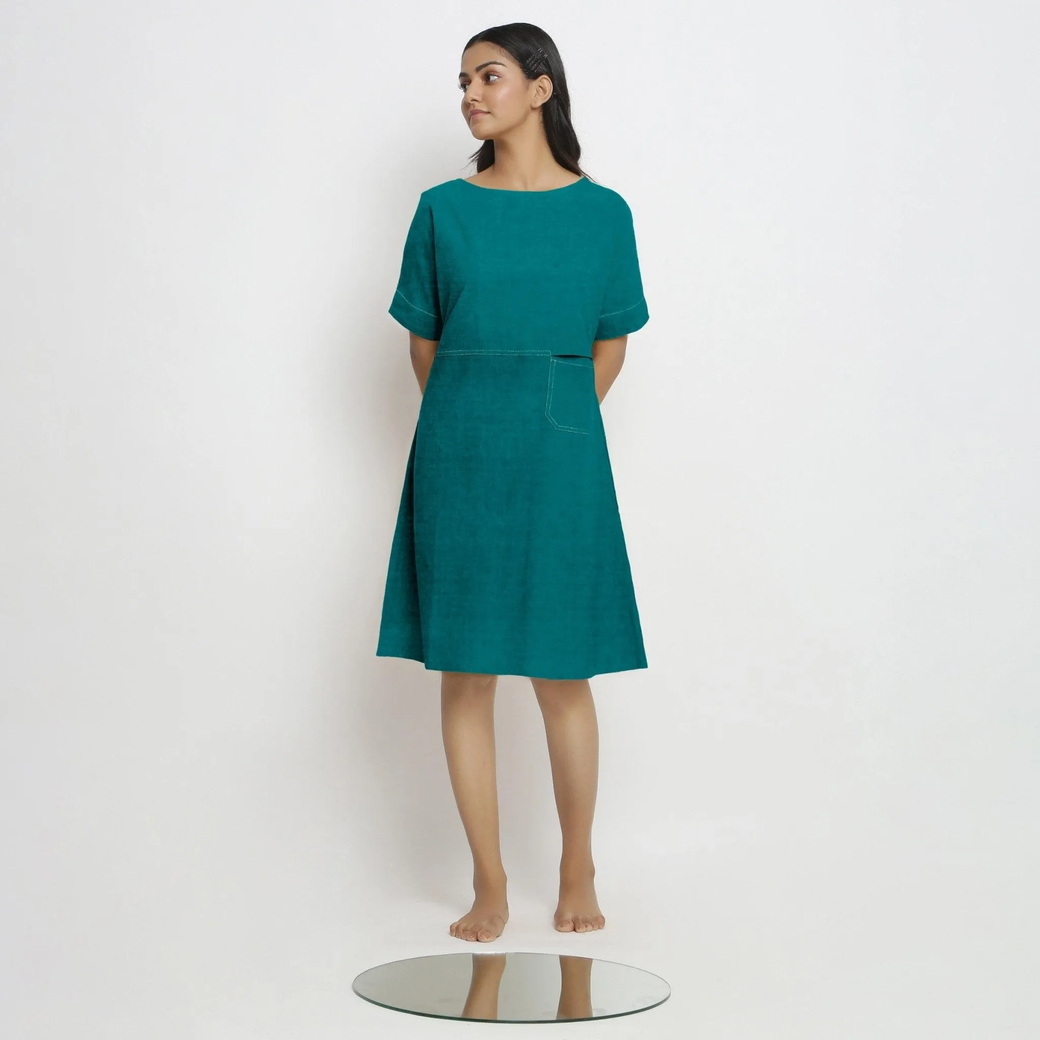 Pine Green 100% Linen Knee Length Yoked Dress