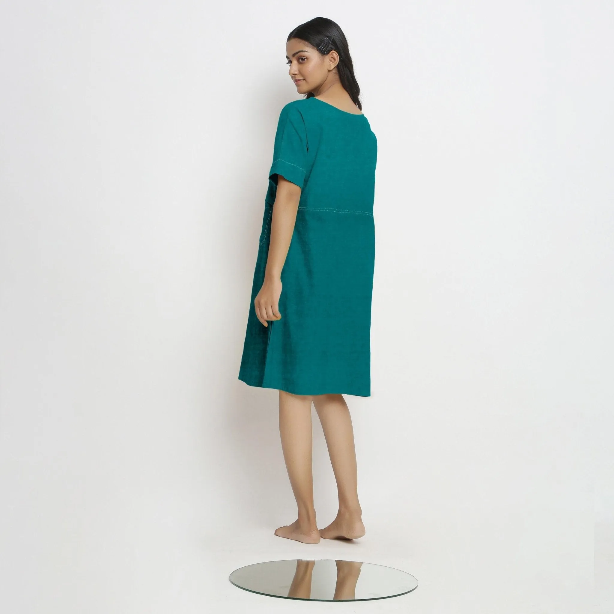 Pine Green 100% Linen Knee Length Yoked Dress