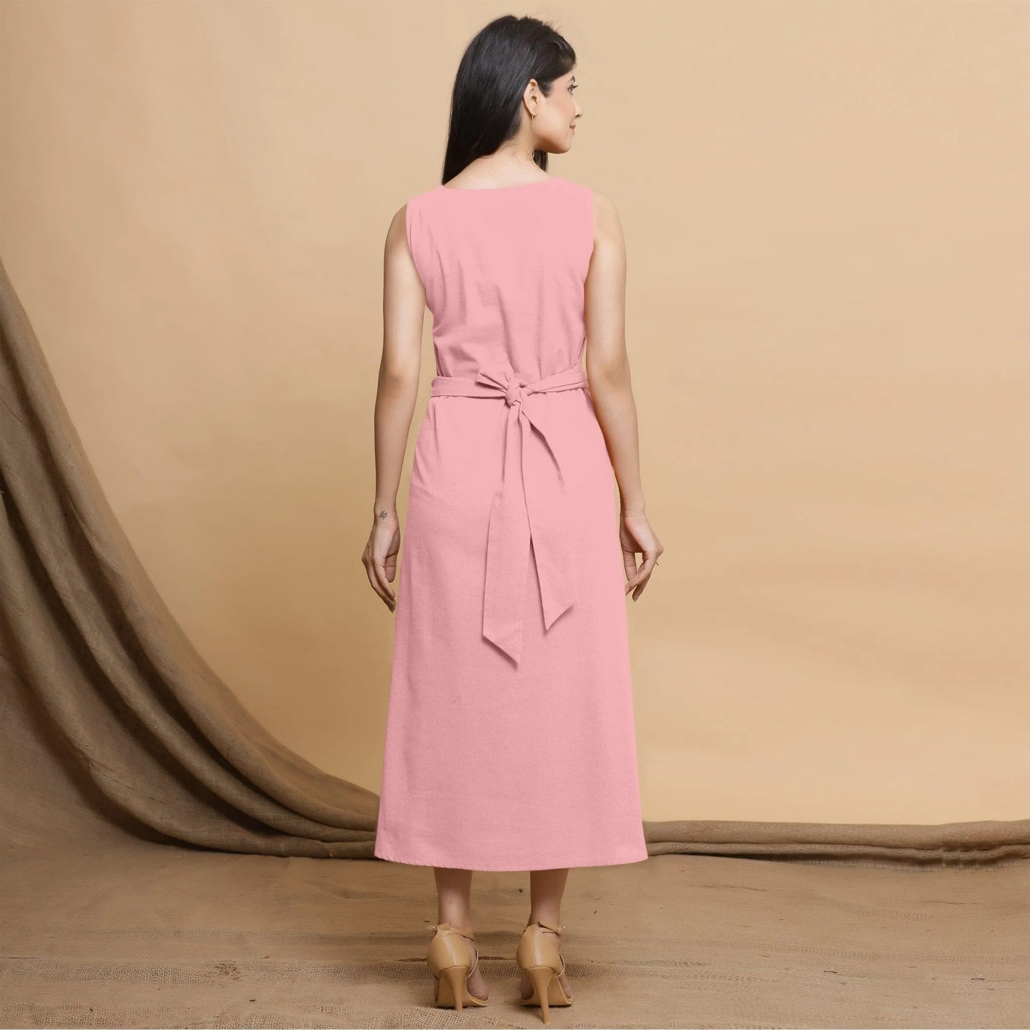Pink Cotton Flax Sleeveless A-Line Midi Dress