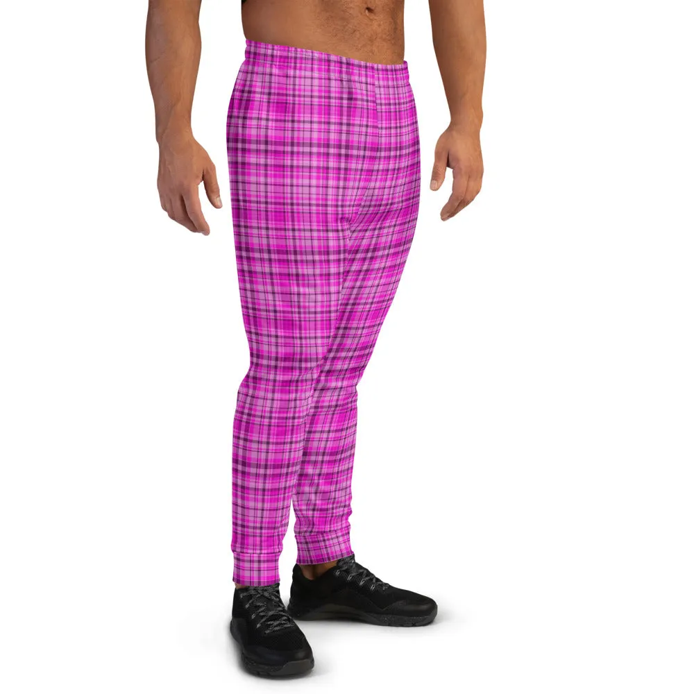 Pink Tartan Plaid Print Fashion Men's Joggers Jogging Bottoms Sweatpants - Made in EU