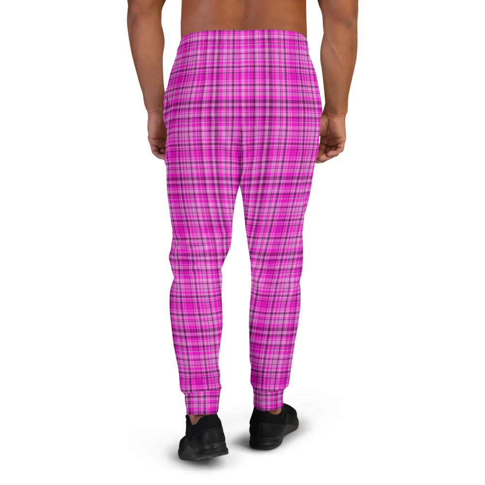 Pink Tartan Plaid Print Fashion Men's Joggers Jogging Bottoms Sweatpants - Made in EU