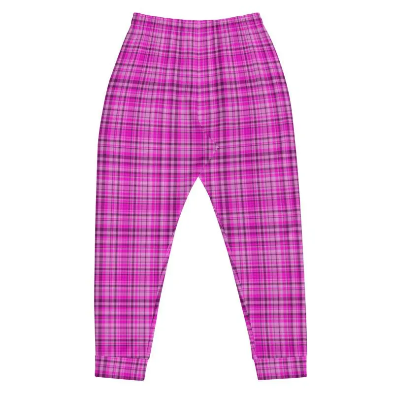 Pink Tartan Plaid Print Fashion Men's Joggers Jogging Bottoms Sweatpants - Made in EU