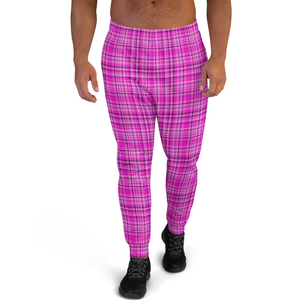 Pink Tartan Plaid Print Fashion Men's Joggers Jogging Bottoms Sweatpants - Made in EU