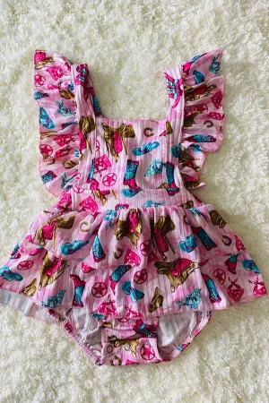 Pink western print ruffle baby romper w/matching headband DLH1215-27
