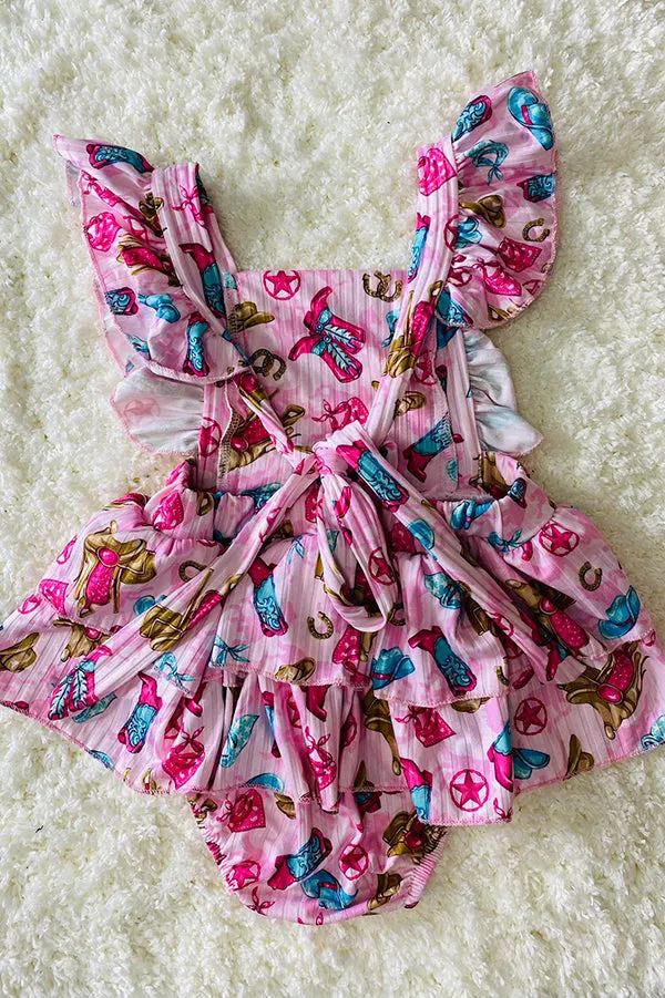 Pink western print ruffle baby romper w/matching headband DLH1215-27