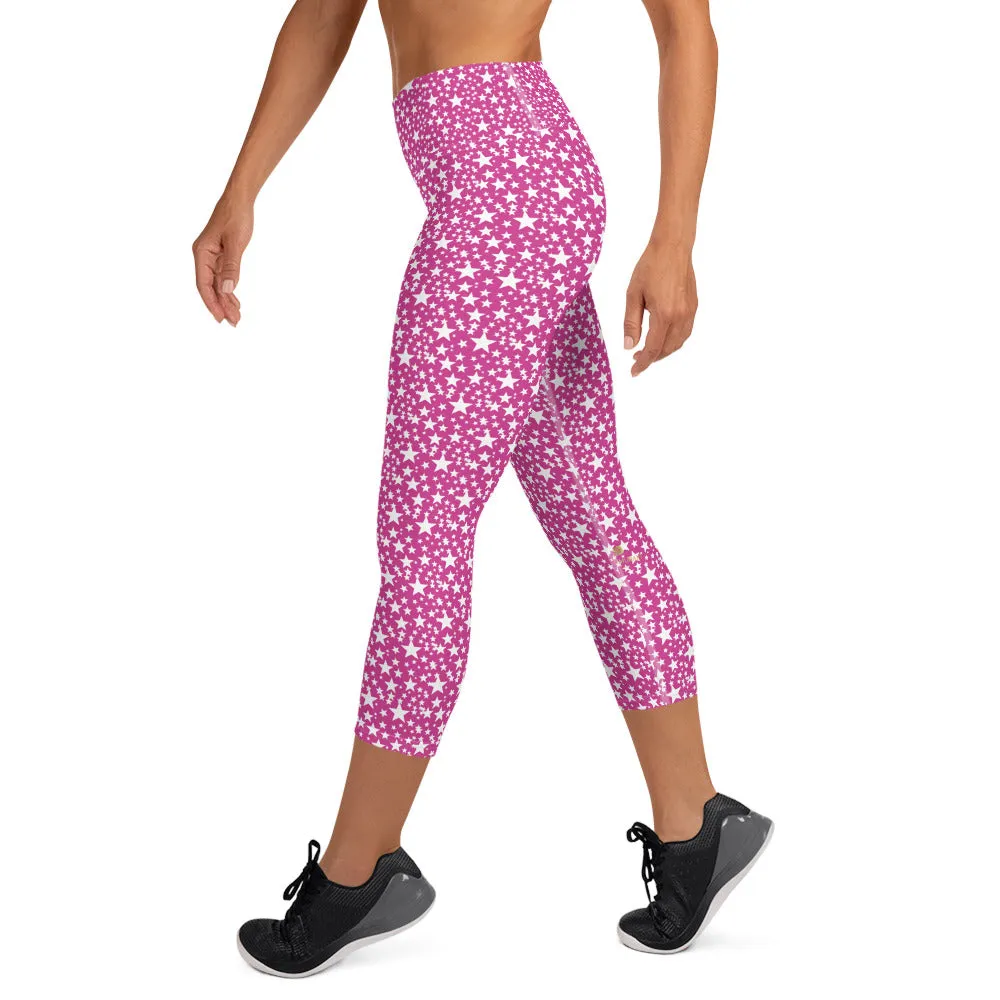 Pink White Stars Capris Tights, Best Star Print Pattern Women's Designer Yoga Capri Leggings- Made in USA/EU