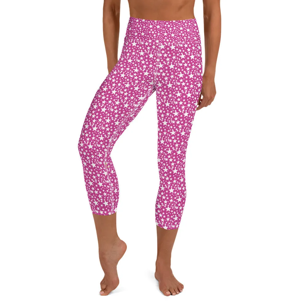 Pink White Stars Capris Tights, Best Star Print Pattern Women's Designer Yoga Capri Leggings- Made in USA/EU