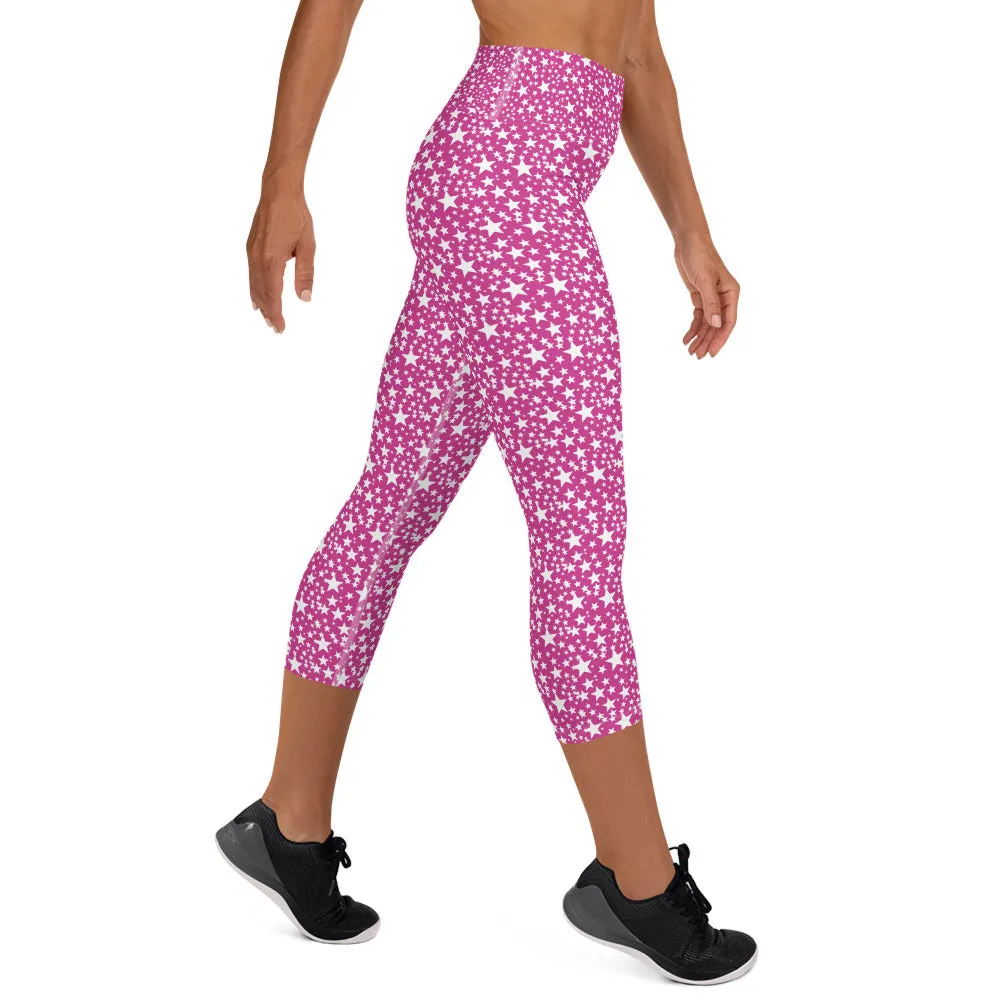 Pink White Stars Capris Tights, Best Star Print Pattern Women's Designer Yoga Capri Leggings- Made in USA/EU