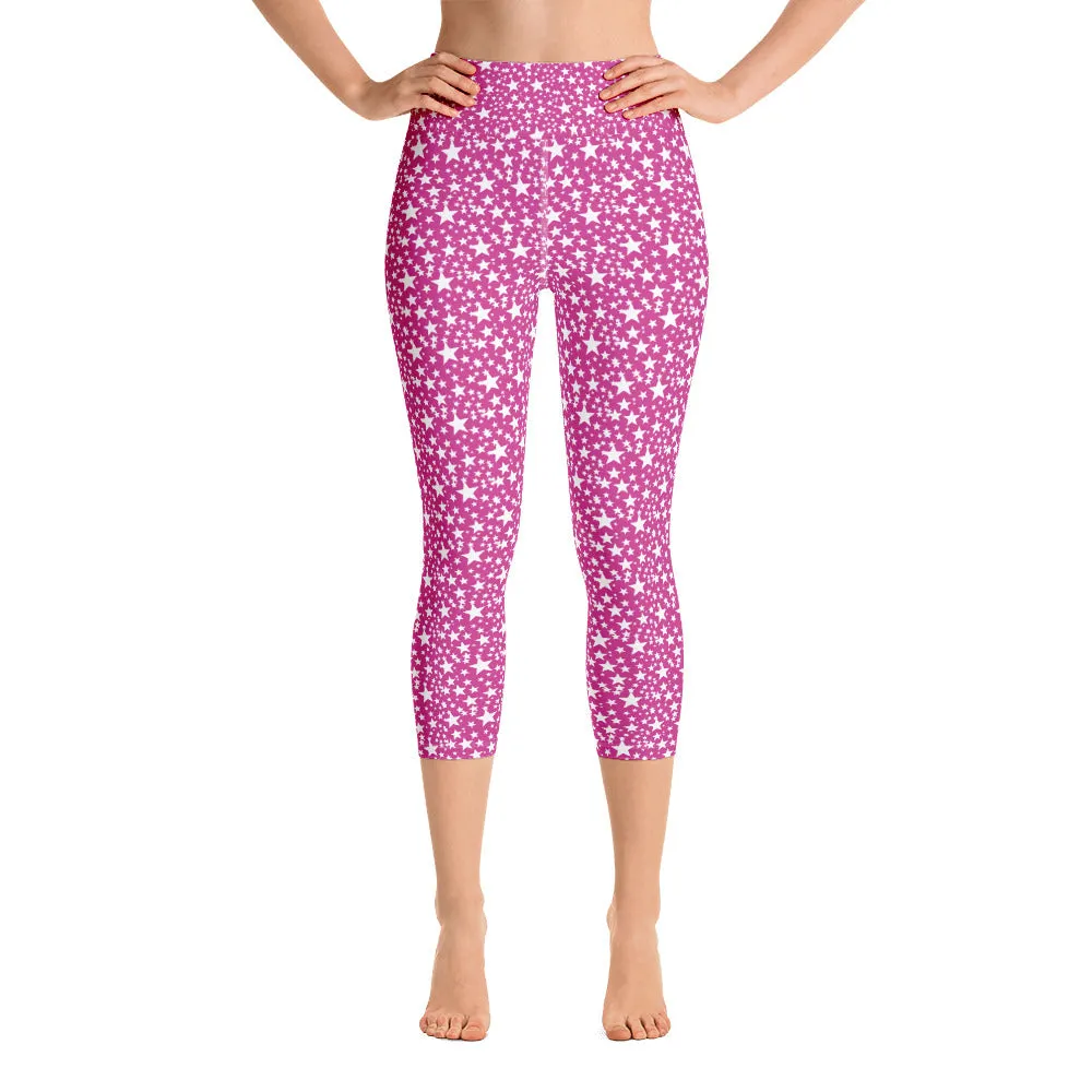 Pink White Stars Capris Tights, Best Star Print Pattern Women's Designer Yoga Capri Leggings- Made in USA/EU