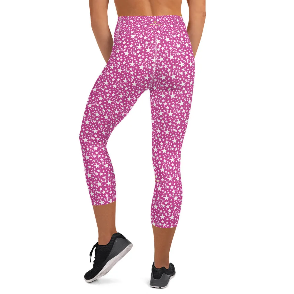 Pink White Stars Capris Tights, Best Star Print Pattern Women's Designer Yoga Capri Leggings- Made in USA/EU