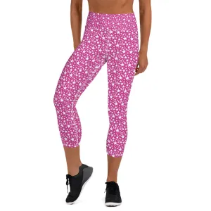 Pink White Stars Capris Tights, Best Star Print Pattern Women's Designer Yoga Capri Leggings- Made in USA/EU