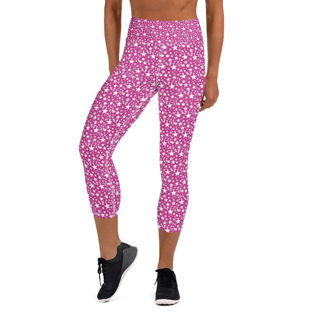 Pink White Stars Capris Tights, Best Star Print Pattern Women's Designer Yoga Capri Leggings- Made in USA/EU