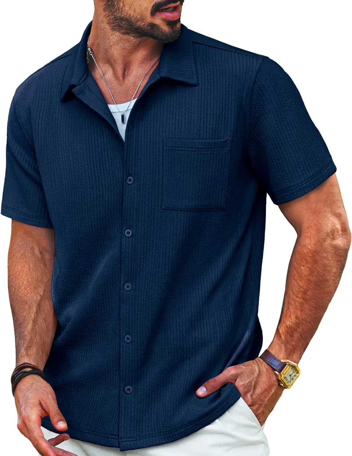 PJ PAUL JONES Men's Casual Button Down Shirts Summer Short Sleeve Wrinkle-Free Shirts with Pocket