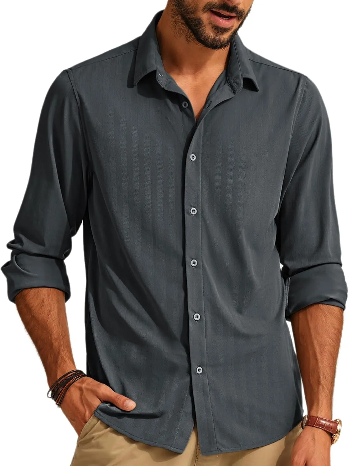 PJ PAUL JONES Men's Casual Stretch Shirts Wrinkle Free Herringbone Button Down Shirts Long Sleeve Dress Shirt