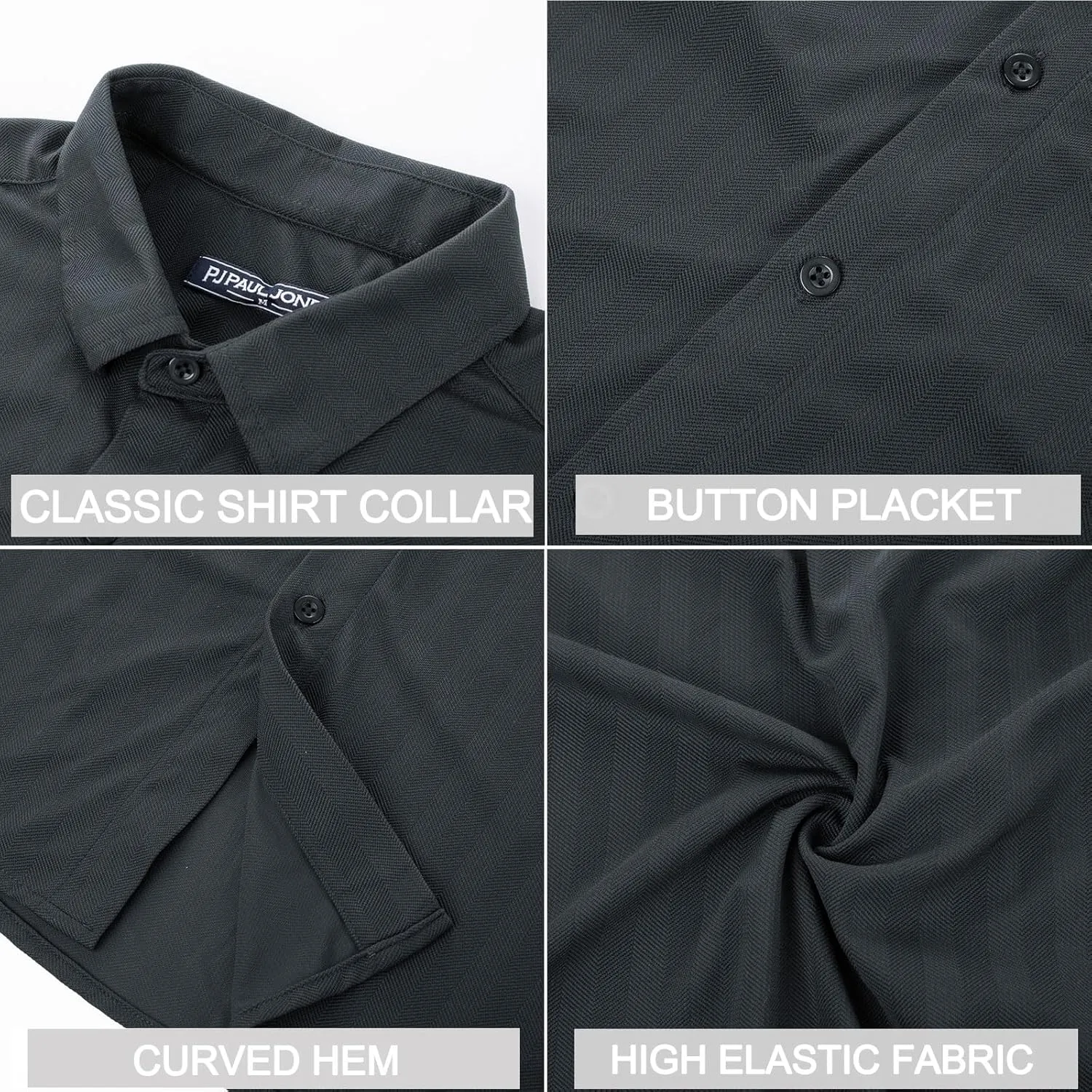 PJ PAUL JONES Men's Casual Stretch Shirts Wrinkle Free Herringbone Button Down Shirts Long Sleeve Dress Shirt