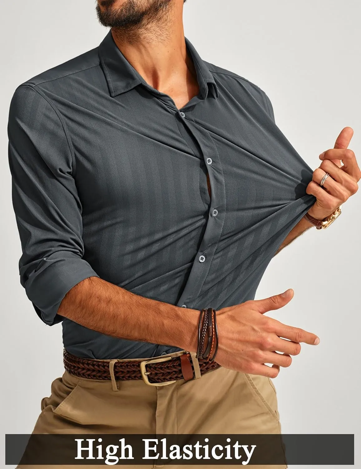 PJ PAUL JONES Men's Casual Stretch Shirts Wrinkle Free Herringbone Button Down Shirts Long Sleeve Dress Shirt