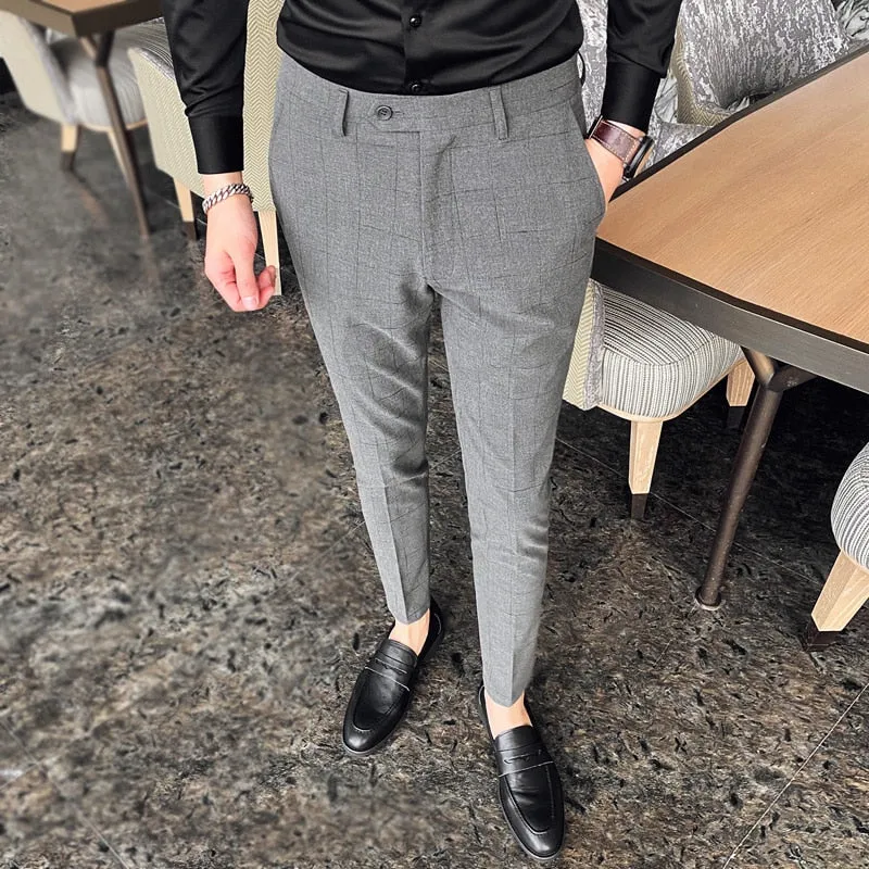 Plaid Suit Pans Men British Casual Slim Fit Formal Pants