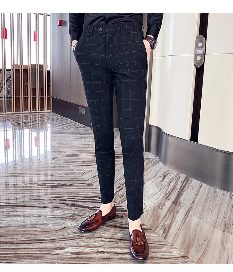 Plaid Suit Pans Men British Casual Slim Fit Formal Pants