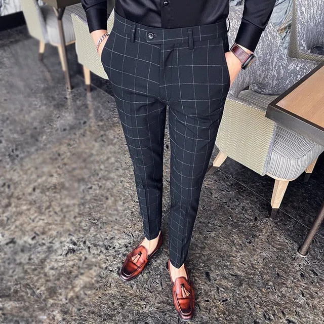 Plaid Suit Pans Men British Casual Slim Fit Formal Pants