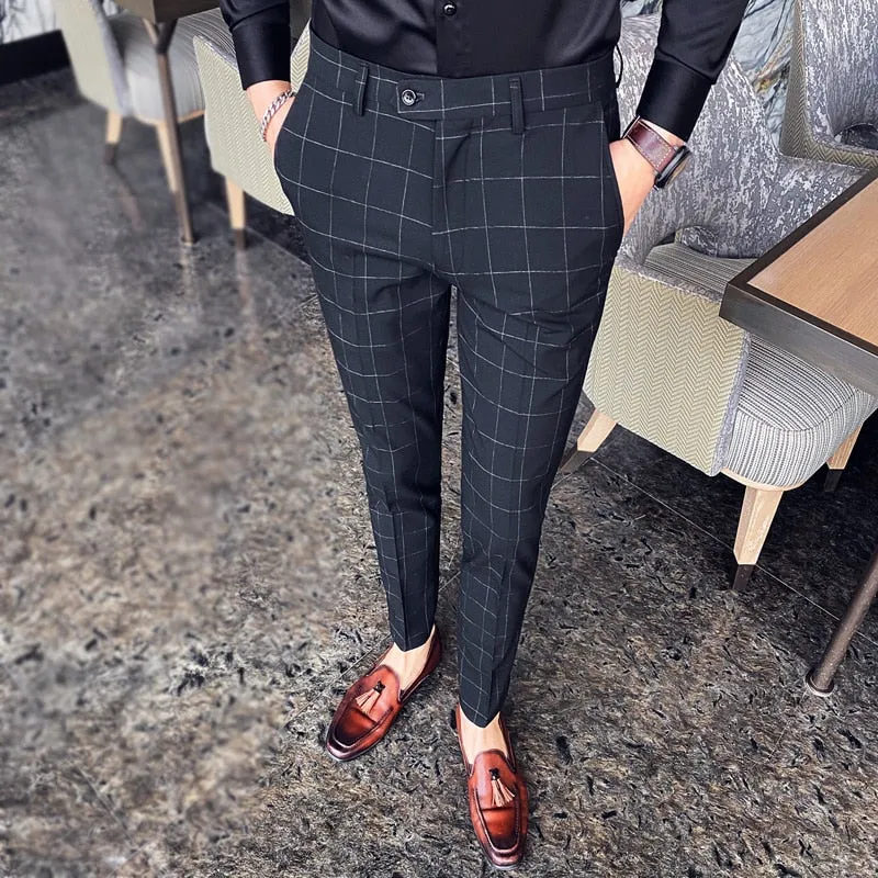 Plaid Suit Pans Men British Casual Slim Fit Formal Pants