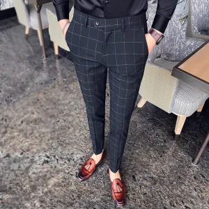 Plaid Suit Pans Men British Casual Slim Fit Formal Pants