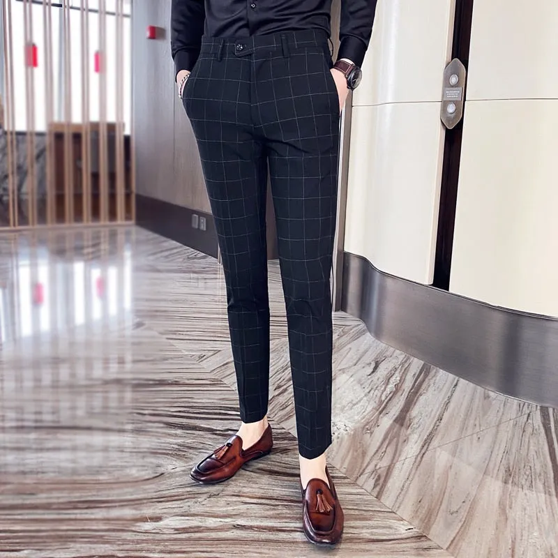 Plaid Suit Pans Men British Casual Slim Fit Formal Pants
